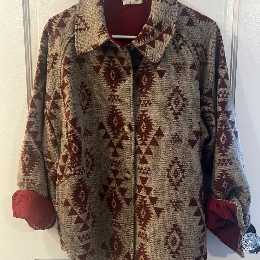 Mystree Red and Brown Geometric Button Down Shirt